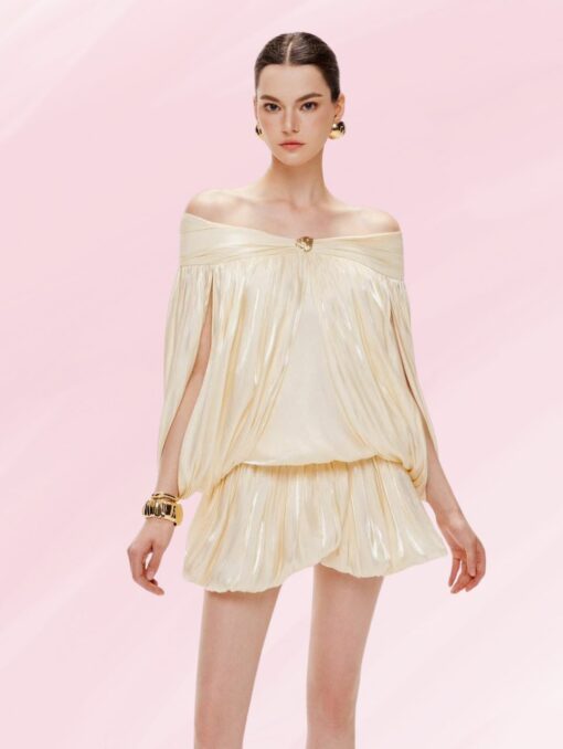 Goddess Glow Off-Shoulder Mini Dress - Image 3