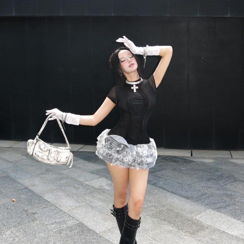 Gothic Lace Mini Skirt & Sheer Corset Top – Vintage Streetwear Set