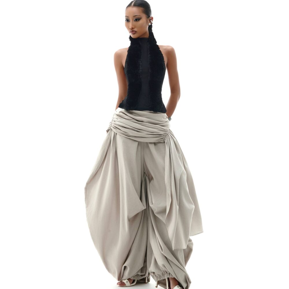 Black Faux Fur Vest & Draped Wide-Leg Pants – Futuristic Luxe Street Ensemble