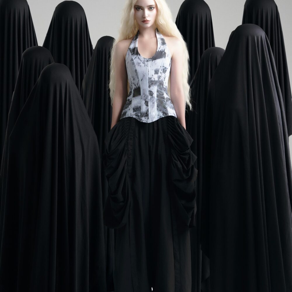 Monochrome Marble Corset & Draped Noir Maxi Pants – Ethereal Gothic Elegance