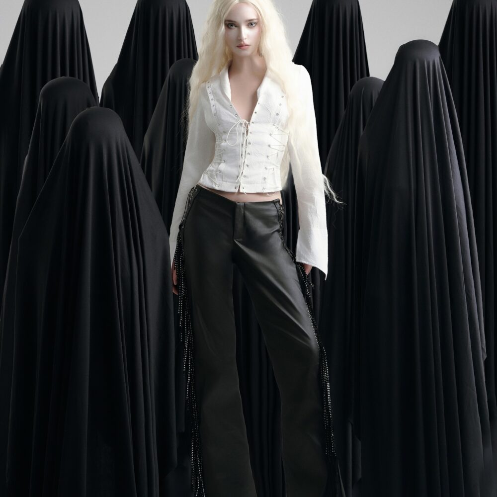 White Lace-Up Corset Blouse & Black Fringe Pants – Avant-Garde Gothic Ensemble