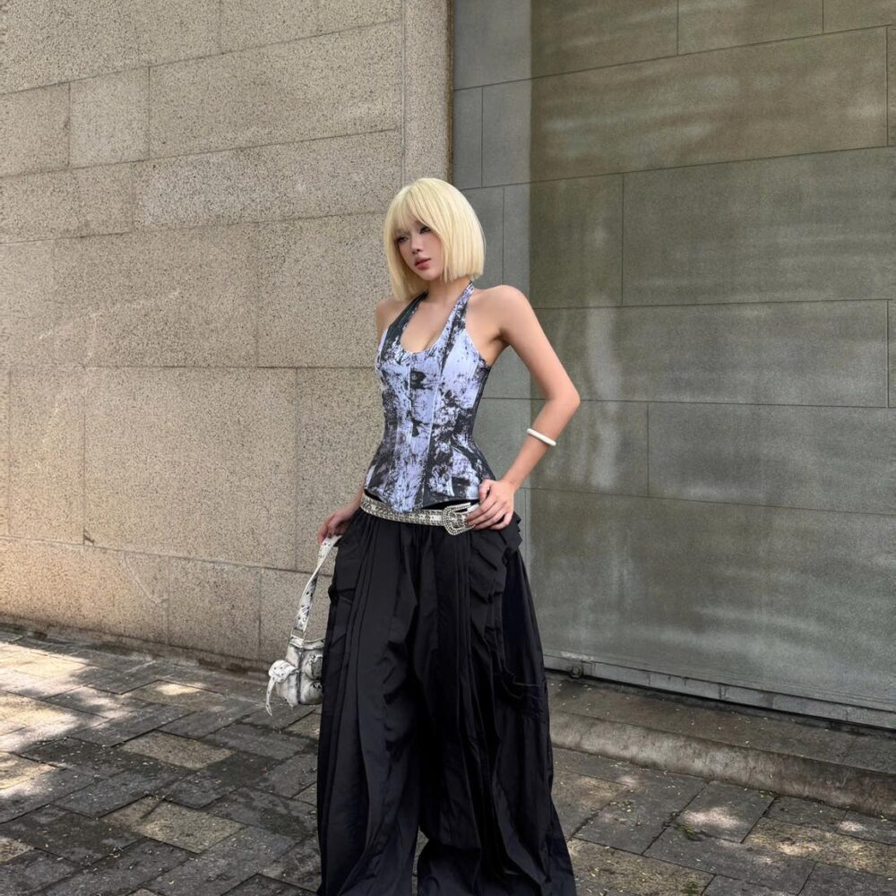 Marble Print Corset Top & Wide-Leg Cargo Pants Set – Modern Y2K Street Glam
